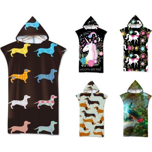 Free shipping Novelty Gift Cute Dachshund Dog Peacock Horse Unicorn Star Moon Pattern Poncho Hooded Towel Pool Bath Beach Towel