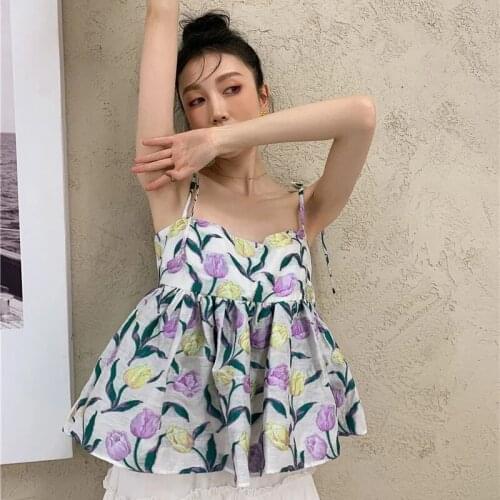 2021 New Floral Print Sling Blouse, Ruffled Thin Shoulder Straps, Bowknot Tube Top, Backless Sleeveless Elegant Korean Vest Top