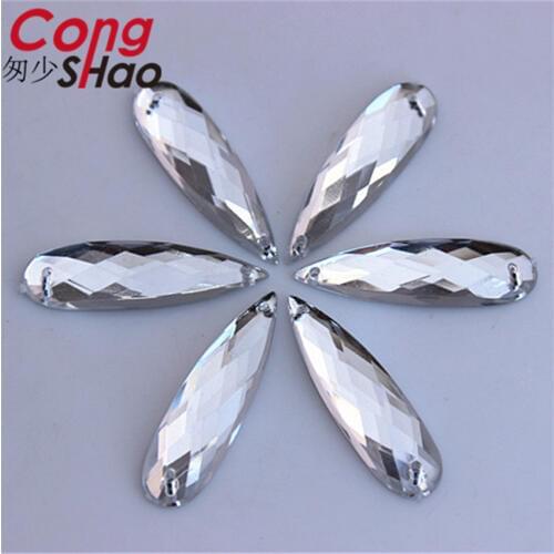 Cong Shao 100PCS 8*28mm Clear Drop Acrylic Rhinestone trim flatback sewing 2 Hole DIY costume Button Crystal Accessories CS661B