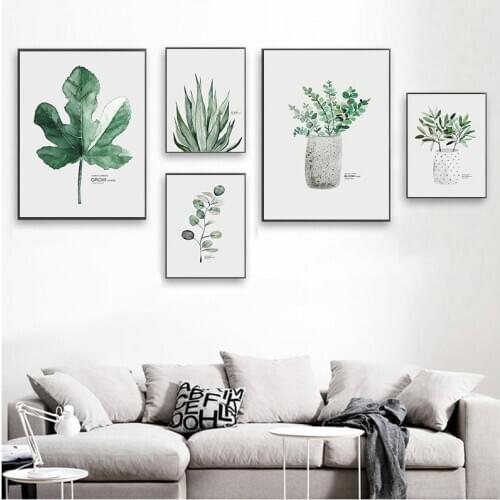 Living Room Decoration Minimalist Watercolor Vase Green Plant Art Poster Wall Art Print Canvas Painting Picture For Home