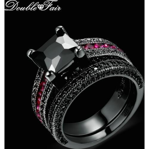 Double Fair Black Square Crystal Red Cubic Zirconia Rings Sets Black Gold Color Engagement/Wedding Fashion Women Jewelry DFR696
