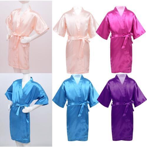 Children Kids Girls Solid Color Satin Kimono Robe Bathrobe Nightgown Sleepwear Dressing Gown for Spa Party Wedding Birthday