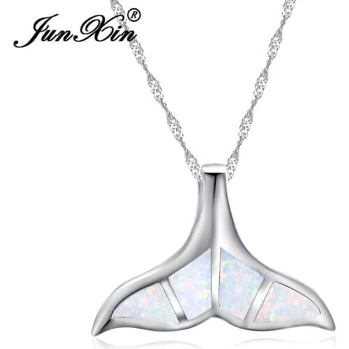 JUNXIN Elegant Mermaid Pendant Necklace For Women Blue White Fire Opal Choker Silver Color Jewelry 2018 Valentines Day Gift