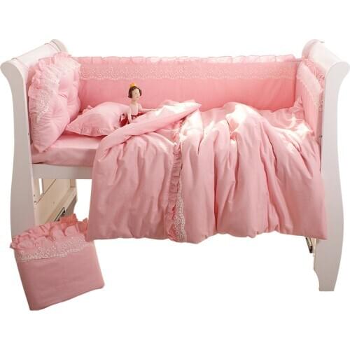 5pcs Set Pink Princess Baby Cot Bumpers Solid Color Cotton Lace White Grey Baby Crib Bedding Universal Kids Room Decor