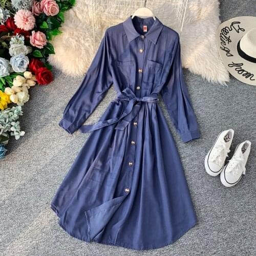 Fashion Slim Pocket Autumn Midi Long Blouse Bandage Dress Casual Vestido De Festa Party Women Elegant Long Sleeve Tie Vestidos