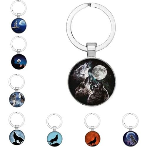 Wolf Howling At The Moon Fashion Keychain Glass Cabochon Animal Silhouette Glass Dome Bead Jewelry Discovery Jewelry Gift Keych