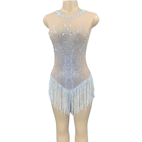 Nightclub Sexy Silver Rhinestone White Tassel Transparent Bodysuit Women Dancer DS Club Outfit Birthday Celebrate Prom Outfit