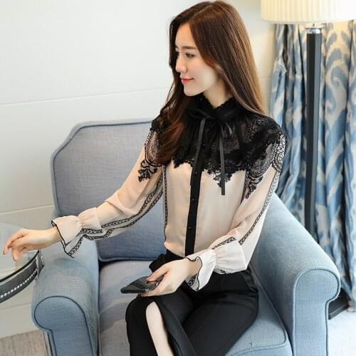 2019 Nova moda senhora blusa gravata borboleta das Mulheres de manga comprida de Renda bordado Tops camisa Borboleta manga