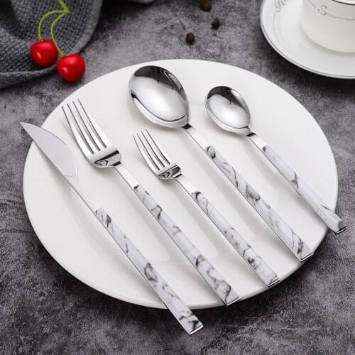 Stainless Steel Tableware Upscale Marble Handle Silver Western Dinnerware Steak Knife Fork Dessert Spoon Cutlery Kitchen Utensil