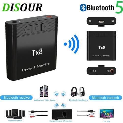DISOUR TX8 5.0 Bluetooth Receiver Transmitter With Volume Control Button 2 in 1 Audio Wireless Adapter 3.5MM AUX For Car TV PC
