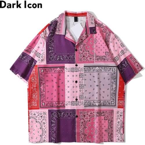 Dark Icon Pink Patchwork Bandana Polo Shirt Summer Street Fashion Mens Shirt Hawaiian Shirt Man
