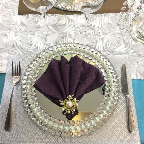 10pcs Wedding diamond-encrusted mirror display plate three rows of diamond glass plate Handmade pearl white beads display plate