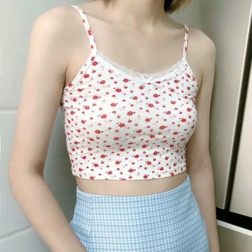 Slim Girls High Waist Camis 2021 Summer Fashion Ladies High street Women Red Floral Lace Sling Top