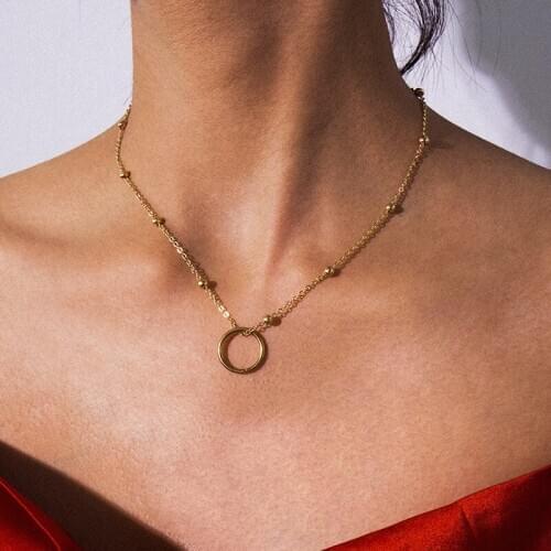 Vintage Copper Beads Chains Round Circle Scallop Shell Pendant Necklace Women Temperament Geometric Clavicle Necklace Jewelry