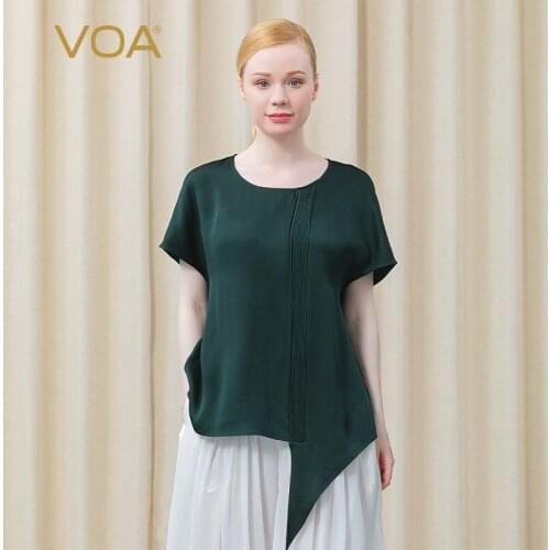 VOA 2021 Summer Silk Tops BE668 Round Neck Shoulder Short Sleeve Asymmetric Splicing Fold Design Loose T-shirt Woman Tshirts
