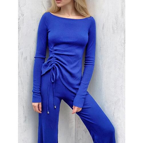 BerryGo Knitted sweater set women Fashion long sleeve drawstring shrinkage straight pant set Casual solid color two piece set
