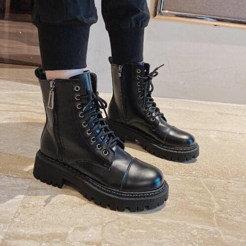 Punk Style Black Ankle Boots for Women Fashion Lace Up Platform Shoes Woman Waterproof Mid Heel Motorcycle Boots Mujer