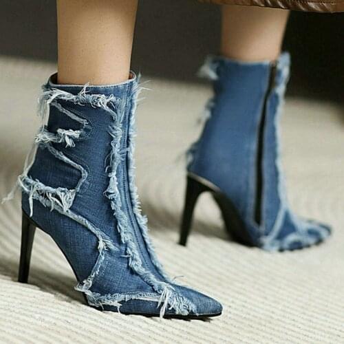 2021 Denim Women Ankle Boots Sexy Pointed Toe Thin High Heel Ladies Short Boots Dress Side Zipper Womens Shoes Plus Size 43