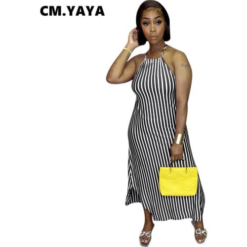 CM.YAYA Women Long Dress Striped Sleeveless O-neck Hollow Out Loose Maxi Dresses Fashion High Streetwear Summer Vestidos Outfits
