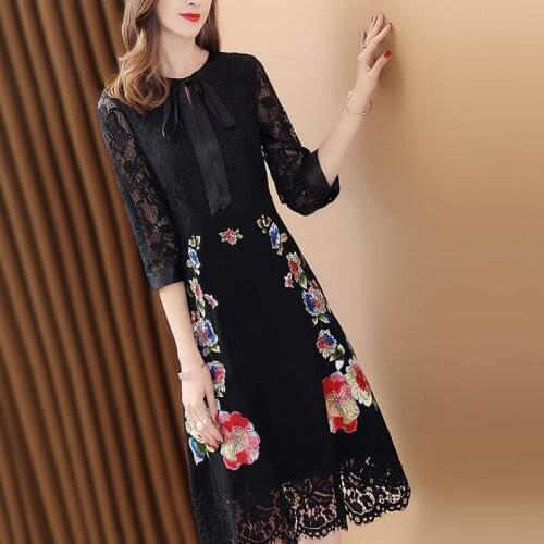 Spring Summer Fashion Women Office Ladies Bow Embroidery 3/4 Sleeve Black Lace Dress , 2019 Female Woman Slim 4xl 5xl Dresses