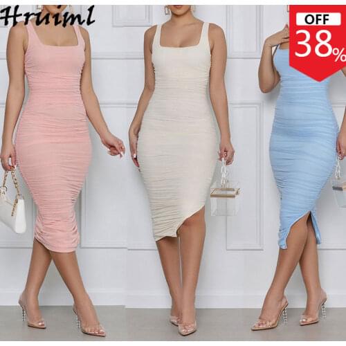 Skinny Dress Mid-Calf Solid Color Square Collar Ruched Dresses for Women Hem Split Fashion Personalized Sleeveless Women Dresses