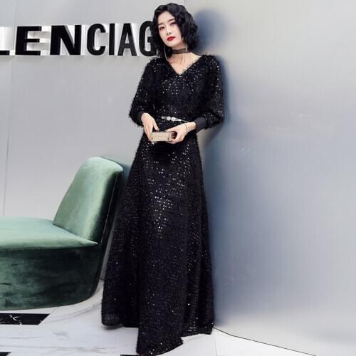2020 New V-neck Evening Dress vestido de festa Formal party dress Luxury Black Long Sequin prom gowns Bride Half sleeve dresses