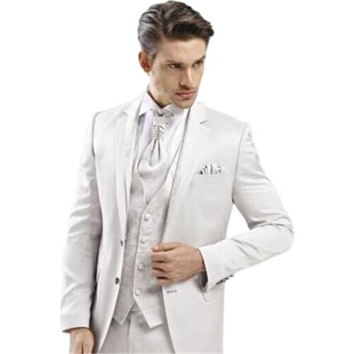 New Arrival White Satin Wedding Suit For Men 3Pieces Custom Made Tailored Tuxedos Mandarin Lapel Prom Latest Design Slim Blazer