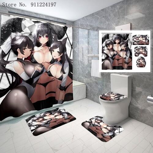 Sexy Cute Anime Girls Durable Waterproof 4pcs Shower Curtain Set With Non-Slip Bathroom Mat Rugs Toilet Lid Cover U-shaped Mat