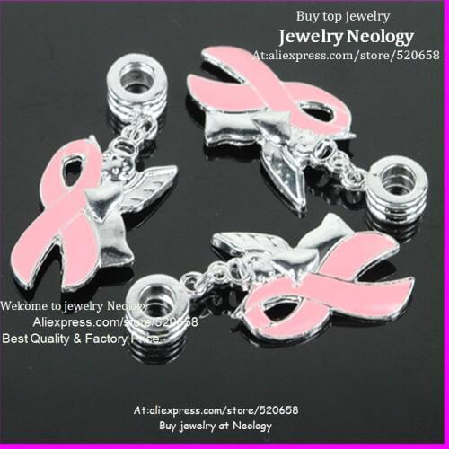 50pcs Very beauty Pink enamel ribbon awareness with angel baby charm pendant Fit European jewelry,DIY jewelry accessories