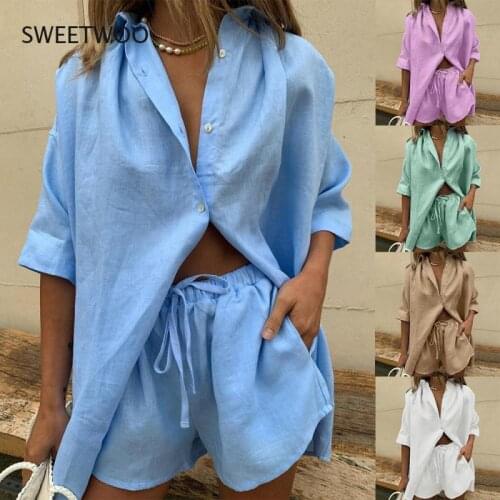European and American New Style 2021 Womens Solid Color Single-Breasted Short-Sleeved Shirt Shorts Loose Fashion Casual Suit