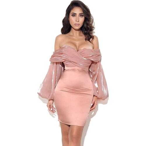 French Vestidos Sexy Off Shoulder Pink Long Sleeve Pleated Women Party Dress 2021 Summer Vintage Casual Bodycon Femme Robe 31110
