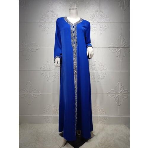 Robe Dubai Abaya Dress For Women Fashion Eid 2021Royal Blue V Neck Long Sleeve Jalabiya Maxi Dress Muslim Turkish Arabic Clothes