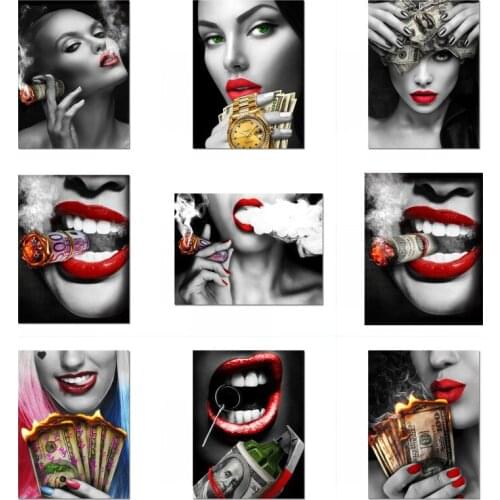 Smile Red Lips Smoking Beauty Woman Picture Burning Dollar Money Canvas Painting Poster Wall Art for Living Room Home Decor