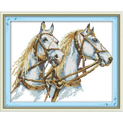 Everlasting Love Two Horses Chinese Cross Stitch Kits Ecological Cotton Stamped Printed 11CT DIY New Year Decorations For Home