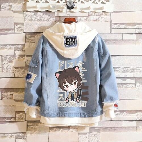 Anime Bungo Stray Dogs Fake 2 Pieces Jacket Cosplay Casual Denim Jacket Autumn Hooded Sweatshirt Unisex Outwear Coat
