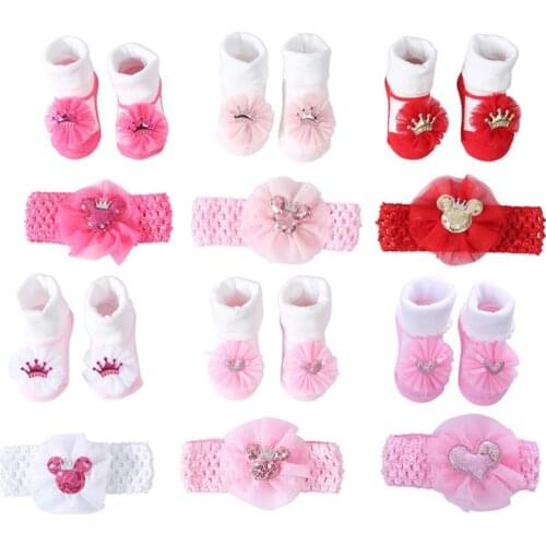 2PCS/Set Baby Socks For Girl Bebe Toddler Newborn Sock + Bow Headband Infant Anti Slip Cotton Socks Glue Birthday Sock 0-1Years