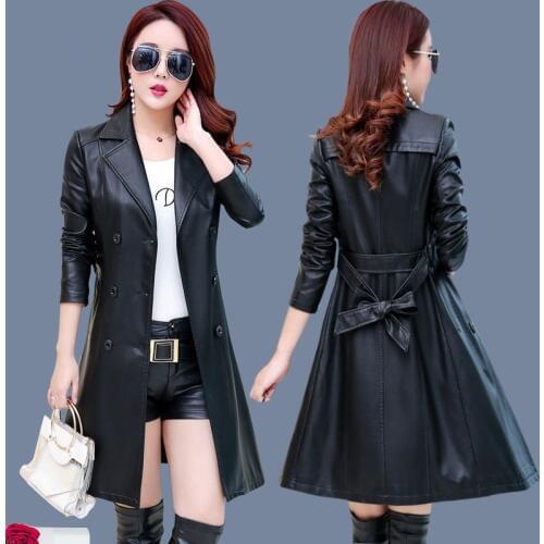 2020 Autumn Women Faux Leather Jacket Slim Fashion With Belt Coat Motorcycle PU Leather Long Jacket Outwear Plus Size 6XL P609