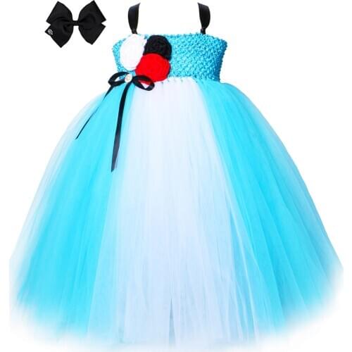 Girls Princess Alice Tutu Dress Sky Blue White Flowers Girls Birthday Party Dresses Kids Halloween Holiday Alice Cosplay Costume