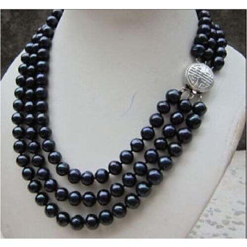 HOT 3 ROW 8-9MM TAHITIAN GENUINE BLACK PEARL NECKLACE