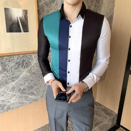 Patchwork Striped Shirt Men Luxury Shirt Men Slim Fit Mens Suit Tie Formal Dress Shirts Streetwear Social Tuxedo Club Clothing