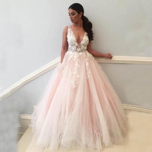 Sexy deep v-neck pearl pink China long see-through lace tulle prom dresses ball gowns 2019