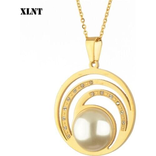 XLNT Pearl Pendant Stainless Steel Necklace Fashion r Boho Statement Necklace Pearl Jewelry