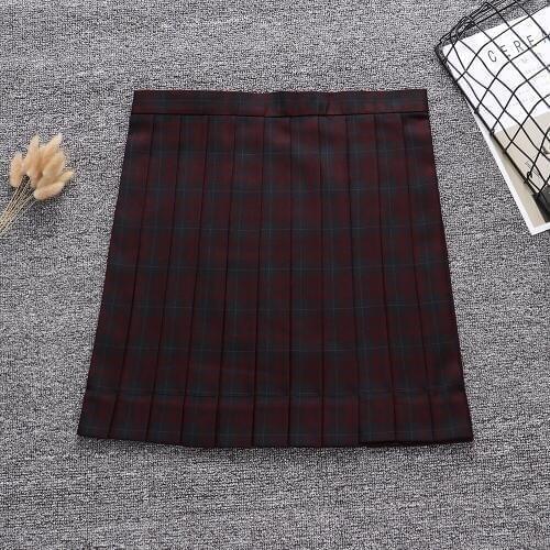 Candy Dark red black color geometric lattice Pleated skirt + Bow + Tie (Adjust waist. Pocket)