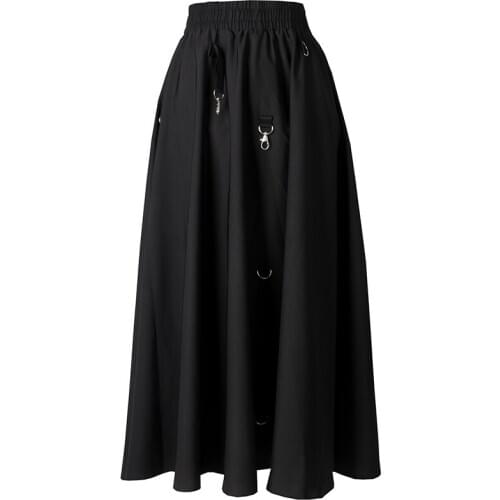 2020 Autumn Women Skirts Elastic Waist Iron Ring Design Convertible Midi Skirt Punk Darkness Black Casual Skirt