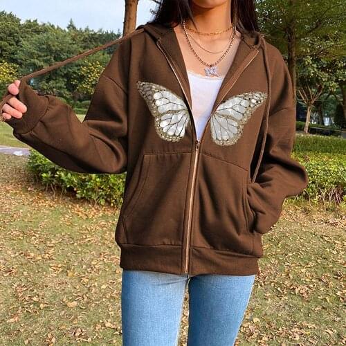 Graphic Jacket Autumn Oushang Cotton Y2K Fashion Oversized Butterfly Zip Up Hoodies E-girl 90s Streetwear Sweatshirts for Women