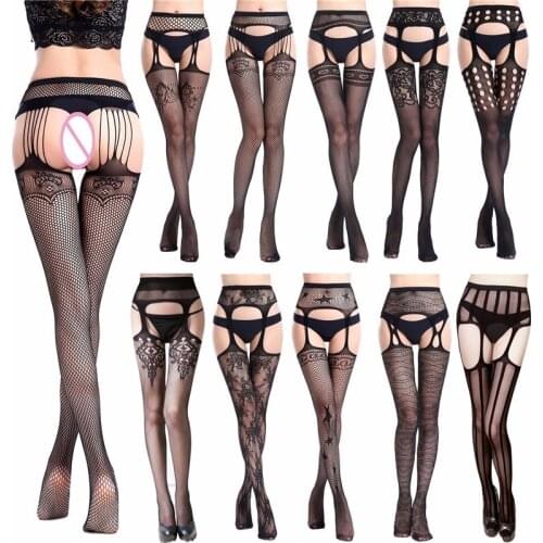 Hollow Out Tights Lace Sexy Stockings Female Thigh High Fishnet Embroidery Open Crotch Pantyhose Women Black Lace Hosiery SW125