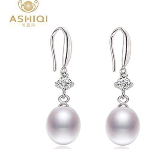 ASHIQI Genuine 925 sterling silver Earrings 8-9mm Natural Freshwater Pearl jewelry AAA Zircon for Women Valentines Day gift