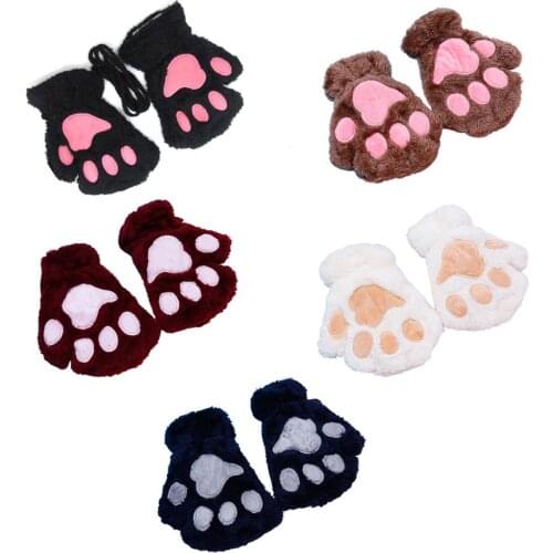 Women Winter Warm Half Finger Gloves Cartoon Cat Paw Plush Fingerless Mittens 649C