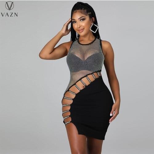 VAZN 2021 New Fashion Women Sexy Club Party Style Short Dress Sleeveless Round Neck Hollow Out Pure Color Mini Short Dress