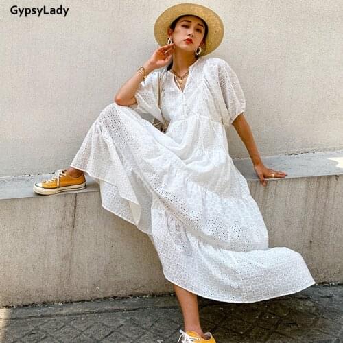 GypsyLady 100% Cotton White Lace Maxi Dress Hollow Out Sexy Summer Holiday Dress Chic Ruffles Button Front Ladies Women Dresses
